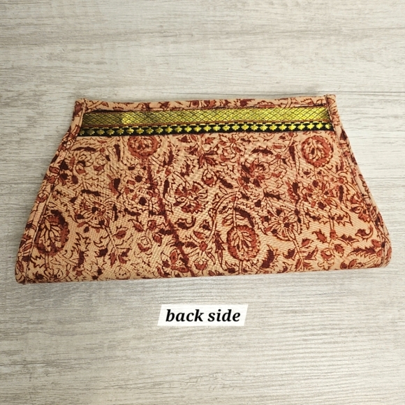 Damask Fabric Tan Rose Floral Gold Metallic Accent Magnetic Clutch Day Evening - Picture 7 of 9